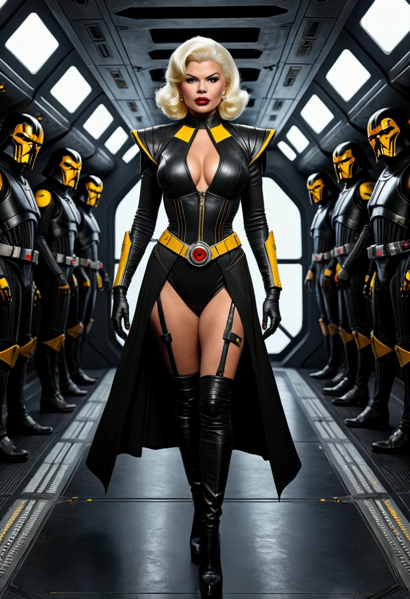 Jayne Mansfield, age 25, dark sith warrior, evil tattoos, yellow eyes, cybernetics, evil pose, exiting a sith space fighter, shuttle bay, full body portrait, show her from head to toe, show all of her, show her entire body(best quality,4k,8k,highres,masterpiece:1.2),ultra-detailed,(realistic,photorealistic,photo-realistic:1.37),cinematic lighting,dramatic lighting,chiaroscuro,dark moody atmosphere,sinister,menacing,evil,powerful,imposing,dramatic,epic