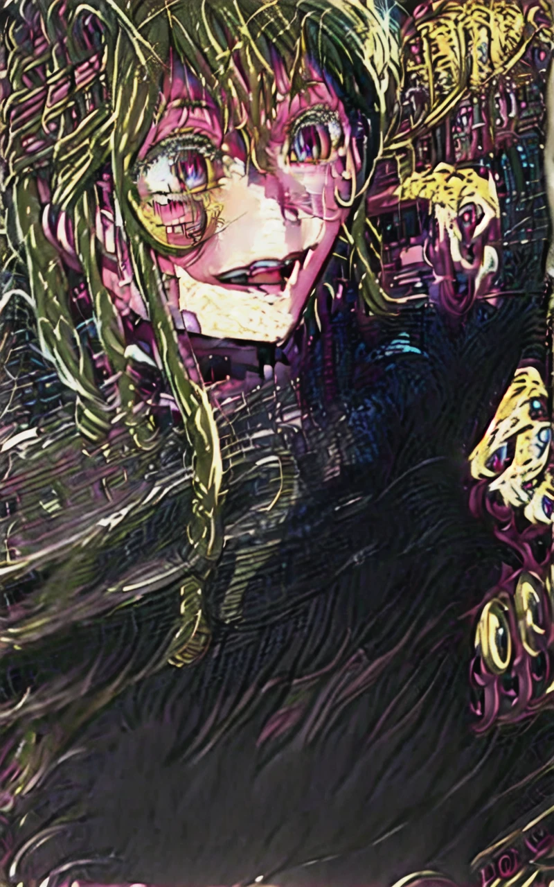 original character , 1girl, (crazy smile:1.2) , blonde hair , bangs , crazy eyes , hands on face , yellow blood splatter on face , yellow and black color scheme, open mouth, (wide-eyed:1.2), glowing eyes, left star shaped eye, star shaped eye, pink eyes, pink eyes