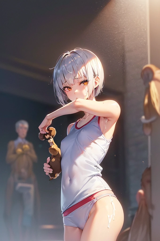 masterpiece, best quality,anime style, 1 girl,(((slender body))), (((small eyes,small breast))),(((gym uniform))),(((((3 monkey grabbing the girl))))),((((cum facial)))), (beautiful face), (((short hair))), (((straight hair))), ((((silver hair)))),detailed beautiful skin, (perfect hands, perfect anatomy)
