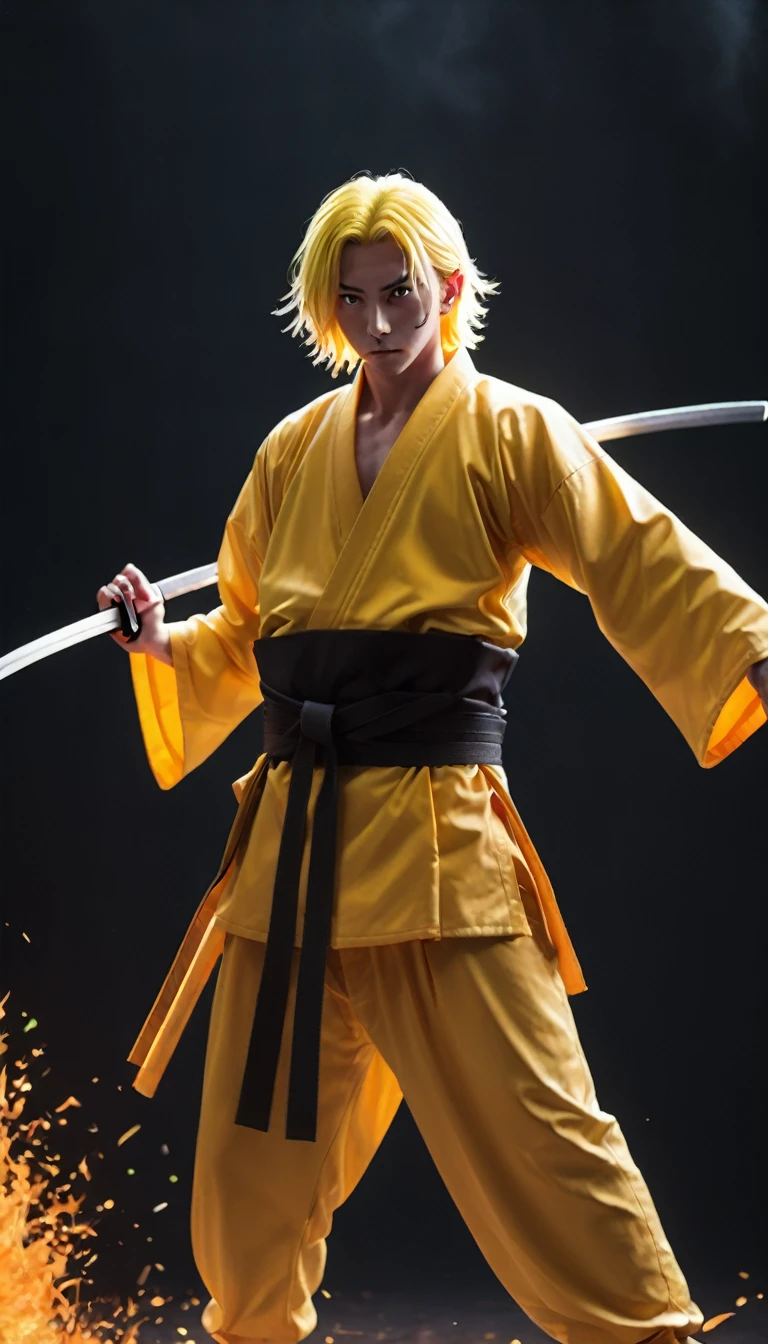 The image showcases live action Zenitsu, a swordsman from Demon Slayer (Kimetsu No Yaiba) manga, wielding a long katana. He has a short spiky vibrant yellow hair. The character's clothings are his signature yellow gradient haori with white-triangle-patterned over a dark brown gakuran jacket, a white belt around his waist, and hakama pants. He emanates a fiery, golden aura. The background is filled with sparks and embers,suggesting a scene of intense battle or conflict.,a cute girl,Porta 160 color,shot on ARRI ALEXA 65,bokeh,sharp focus on subject,highest details,photorealistic,high background details,fog,high face details,8k,raytracing,blunt bangs,(black hair:0.3),