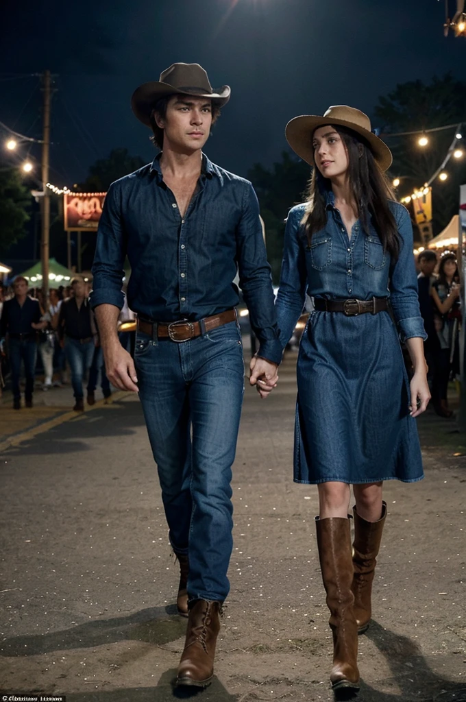 Damon Salvatore and Elena Gilbert arrive at a vibrant festival entrance. Damon, in blue jeans, a dark blue denim shirt, a brown belt, and brown cowboy boots, holds Elena's hand. Elena, in a black maxi dress with cowboy boots and a hat, walks beside him. They look around excitedly under colorful festival banners and lights in the bright afternoon sun.


