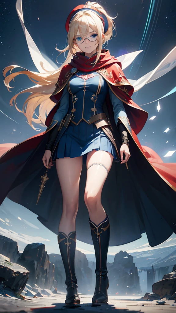 Best quality, Ultra detailed, best quality, insanely detailed, beautiful, masterpiece, 8k, 
break  
Lens Flare,night sky, Streaks of Light,refraction Glowing white lines ,Crossing Light,Shining Background, light particles
break 
crystal trees,
break 
1lady, blonde hair, slicked back hair , high ponytail, long hair, red Beret, blue Scarf ,blue Compression Shirt, blue eye glasses,  tareme , blue eyes, ultra detailed eyes, blue sheath skirt, mini skirt, (red and  blue cloak:1.2) , long cloak,blue boots, pale skin , full body, portlait, (stare at viewer:1.5),(seductive smile:1.3), (embarrassed:1.0),(orgasm:1.2)