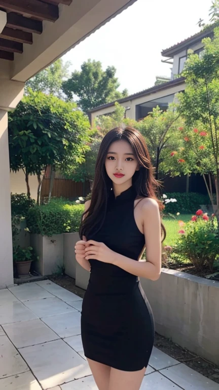 1 Girl,garden,Soft Light,Chinese Beauty,Tight Fit,Black dress,,Dark-haired,long hair