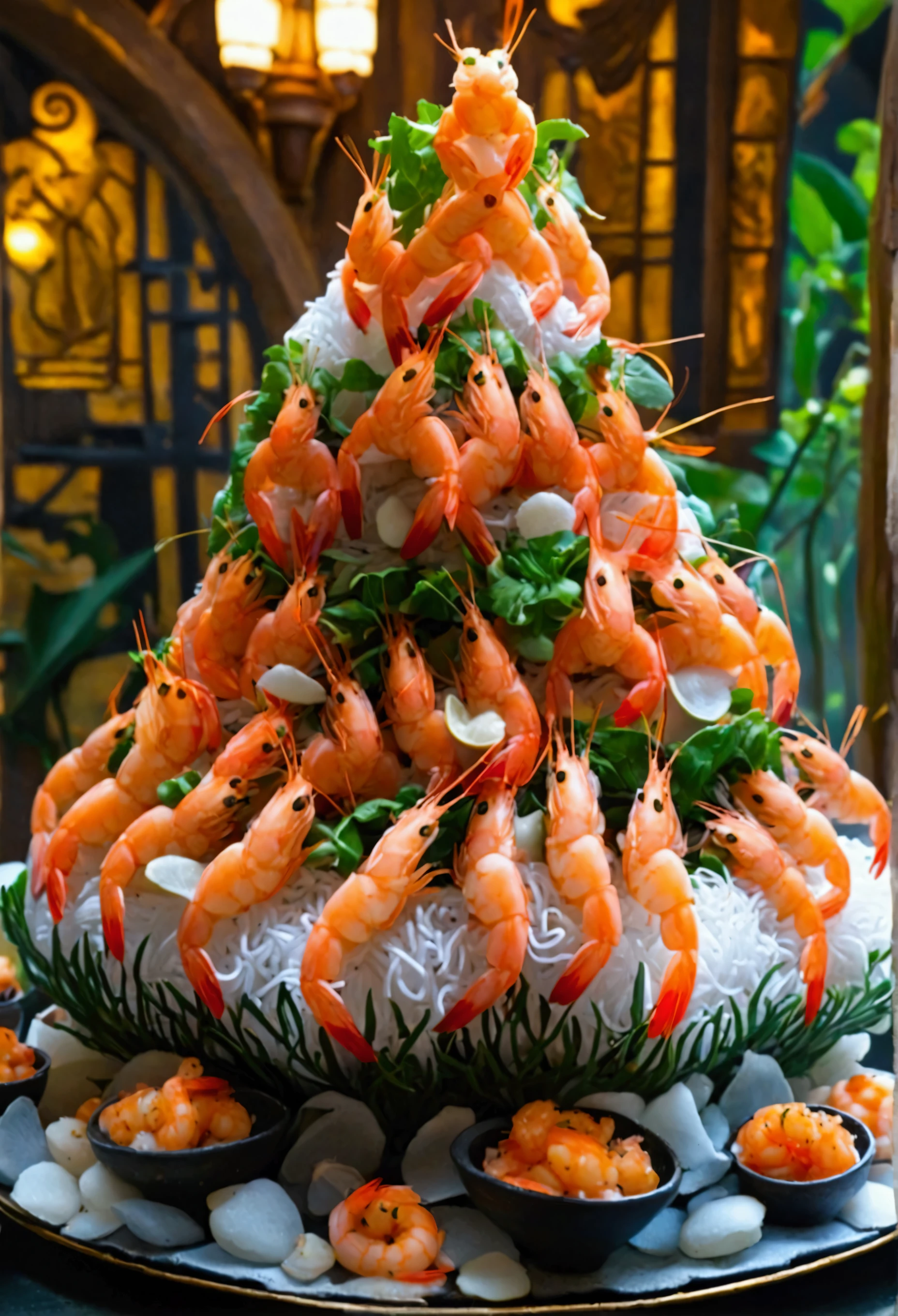 Create an illustration that meets the following criteria:　-The main ingredient is shrimp　- Pyramid-shaped tiered shrimp　- At the top are Princess Shrimp and King Shrimp　- 3 shrimp entourages on the second level　- 5 shrimp maids on the third row　- 8 shrimp musicians on the 4th level　- 10 shrimp guards on the 5th level