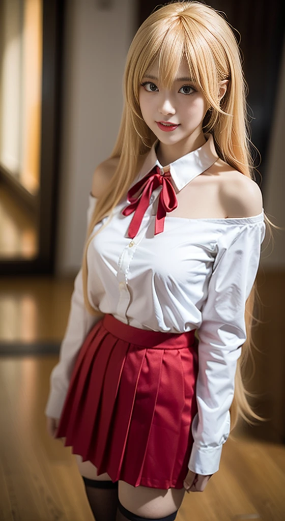 doma umaru, 1girl,cosplay, 独奏,,
very long hair, parted bangs,blonde hair,
red neck ribbon,white collared shirt,long sleeves, red pleated skirt, black thighhighs, loafers, ((Bare shoulders)), ((Full breasts)), ((The skirt is short)), ((Sexy legs)), ((knee shot)), ((Standing, Elegant posture)), zydG, Practical, Fashion Girl, Red lips, Mature women, Exquisite makeup, big eyes, beautiful, (best quality, masterpiece:1.2), Extremely detailed, (Practical:1.37), ((Random Scenes, Random shooting angle)), ((Sexy long legs)), Young and energetic, Charming model, (Exquisite eyes, Delicate lips), Show a bright smile, Create stunning girl images, warm color, Extremely saturated colors, Official Art, Extremely detailed的 CG, Unity 8K wallpaper, (High Dynamic Range :1.4), (Movie atmosphere),(Soft colors), (Natural skin texture, ultra-Practical, Soft Light, sharp),(Very detailed), night, moonlight