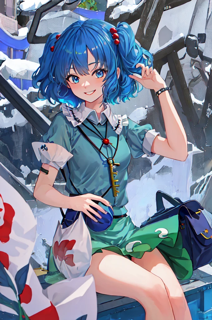 best quality, masterpiece, high resolution, Solitary, {Kawayo_because_touhou:1.15}, blue_hair, hair_Decorations, hair_Beaubourg, two_side_up, blue_Eye, have, short_hair, key, Smile, Bag, 背Bag