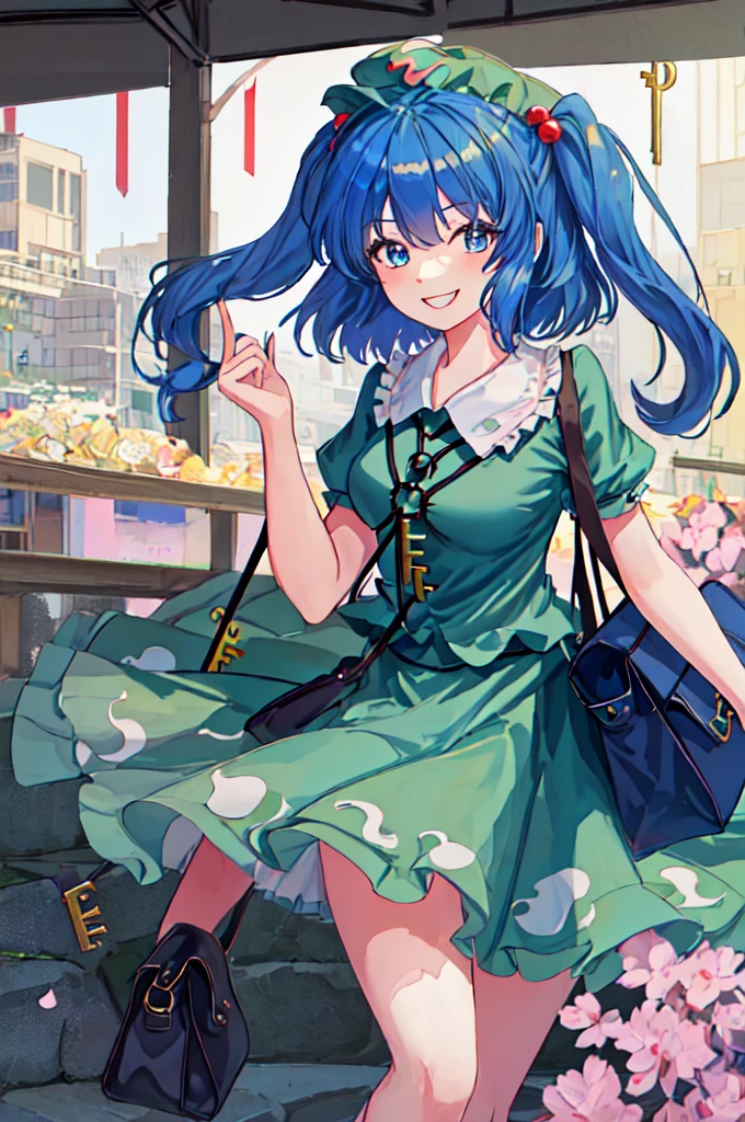 best quality, masterpiece, high resolution, Solitary, {Kawayo_because_touhou:1.15}, blue_hair, hair_Decorations, hair_Beaubourg, two_side_up, blue_Eye, have, short_hair, key, Smile, Bag, 背Bag