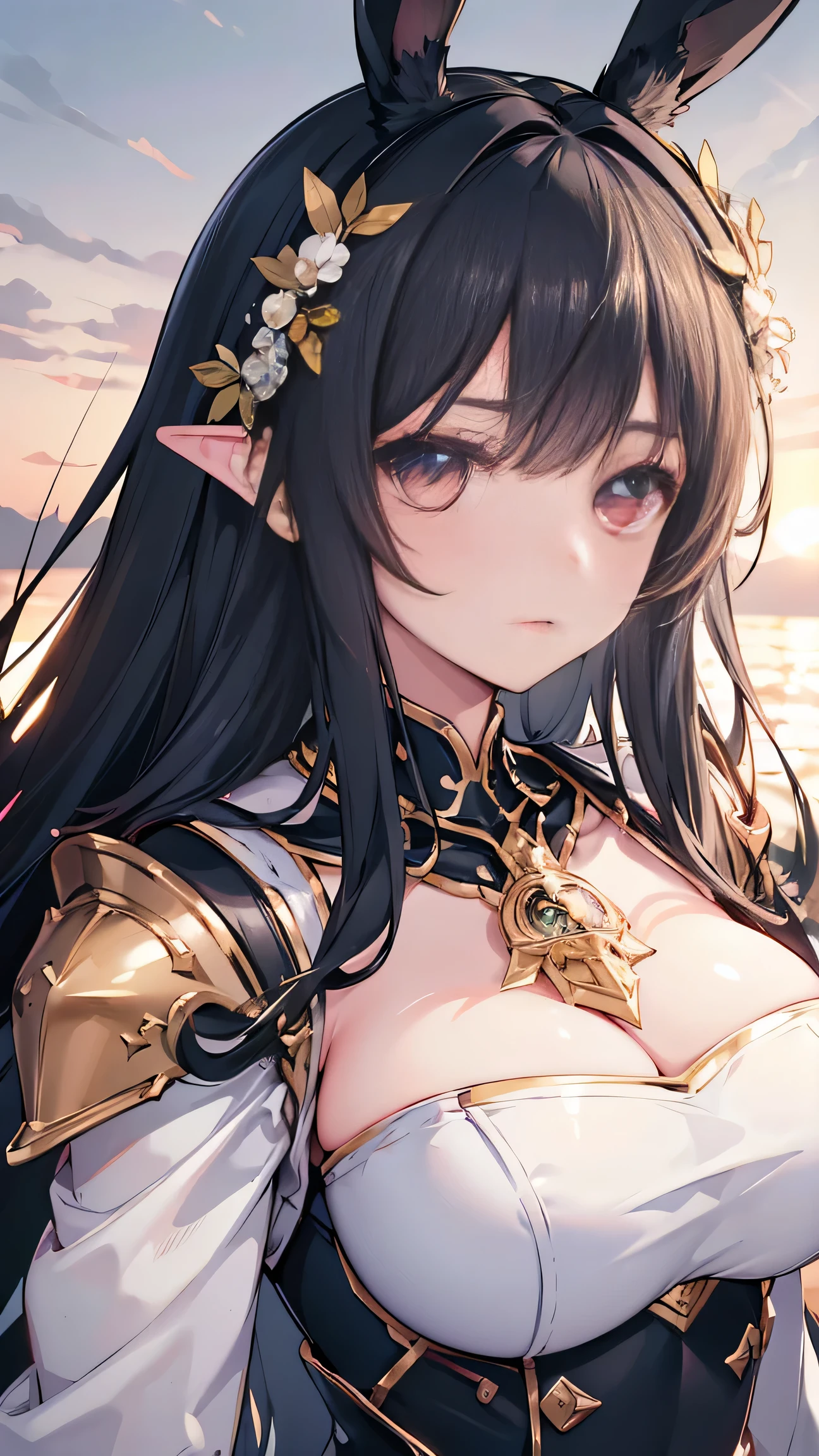 black hair, hair behind ear, head wreath, rabbit ears, anime, sparkle, super detail, high details, ((detailed face, detailed eyes)), textured skin, ((masterpiece)), ((accurate)), high quality, highres, best quality, 8k, Knight in steel armor, Gained military honors, Dust and blood, sunset, Giant Sword