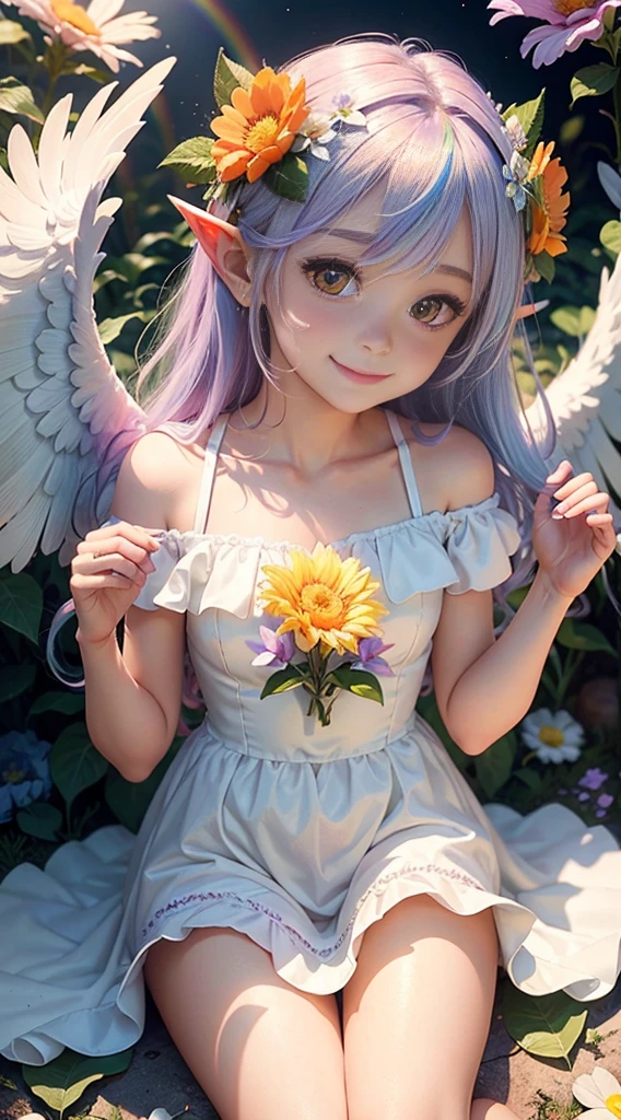 cute little Flowe Angel ,Big gradient angel wings Big wings Rainbow angel wings Long rainbow gradient hair Pointed ears Flower crown Dress made of leaves Flower Sitting on a big flower Big flower Smiling gently Sparkling Sunshine Big flower
