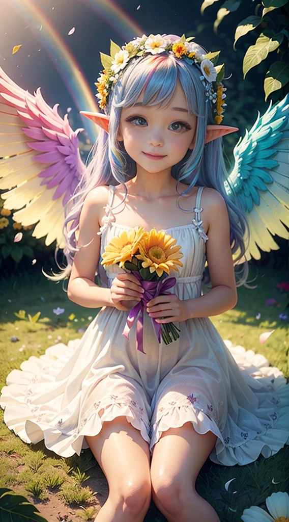 cute little Flowe Angel ,Big gradient angel wings Big wings Rainbow angel wings Long rainbow gradient hair Pointed ears Flower crown Dress made of leaves Flower Sitting on a big flower Big flower Smiling gently Sparkling Sunshine Big flower