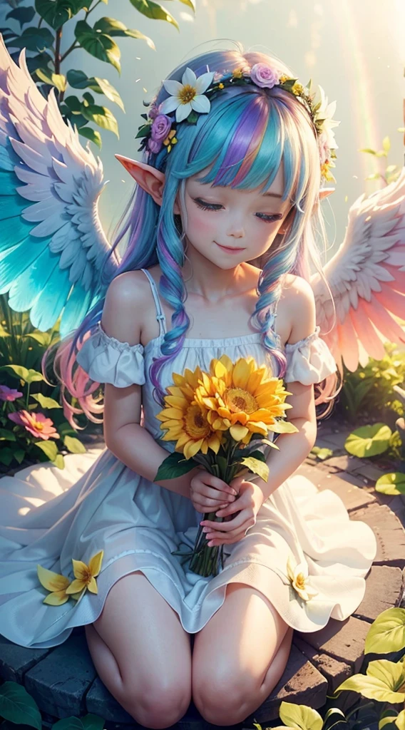 cute little Flowe  Angel ,Big gradient angel wings Big wings Rainbow angel wings Long rainbow gradient hair Pointed ears Flower crown Dress made of leaves Flower Sitting on a big flower Big flower Smiling gently Sparkling Sunshine Big flower
