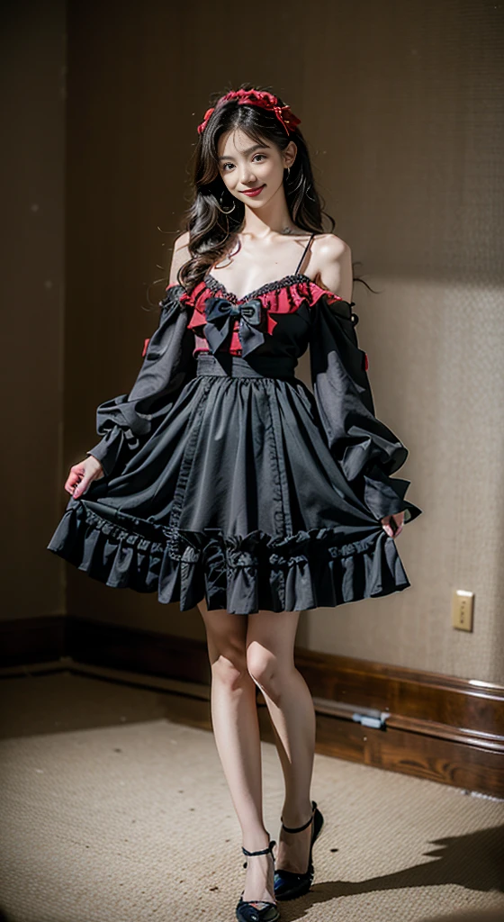 cyb dress, frilled dress, frills, gothic, bow, long sleeves, ((Bare shoulders)), ((Full breasts)), ((The skirt is short)), ((Sexy legs)), ((knee shot)), ((Standing, Elegant posture)), zydG, Practical, Fashion Girl, Red lips, Mature women, Exquisite makeup, big eyes, beautiful, (best quality, masterpiece:1.2), Extremely detailed, (Practical:1.37), ((Random Scenes, Random shooting angle)), ((Sexy long legs)), Young and energetic, Charming model, (Exquisite eyes, Delicate lips), Show a bright smile, Create stunning girl images, warm color, Extremely saturated colors, Official Art, Extremely detailed的 CG, Unity 8K wallpaper, (High Dynamic Range :1.4), (Movie atmosphere),(Soft colors), (Natural skin texture, ultra-Practical, Soft Light, sharp),(Very detailed), night, moonlight