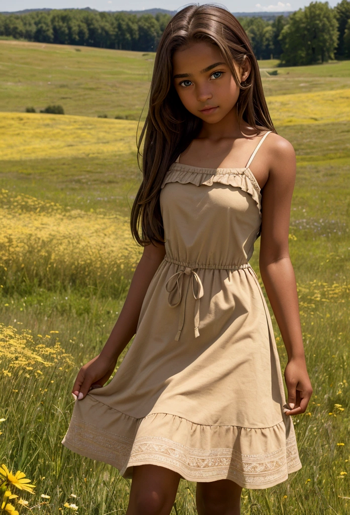 cute  girl with brown hair and light brown skin, wearing ripped sundress in a meadow
