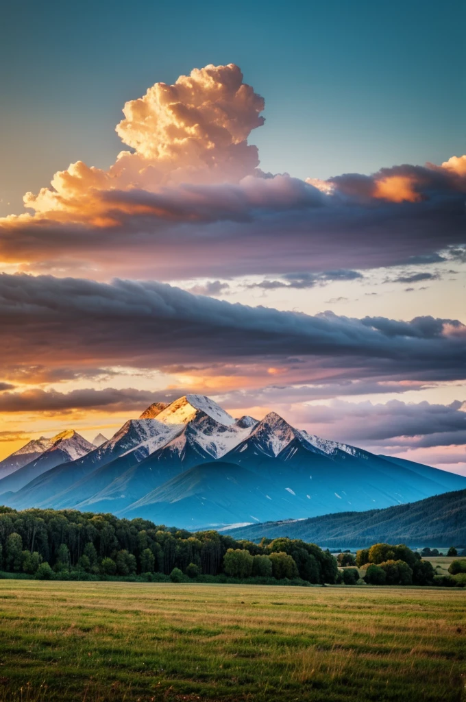 Landscape with mountains and clouds, sunset