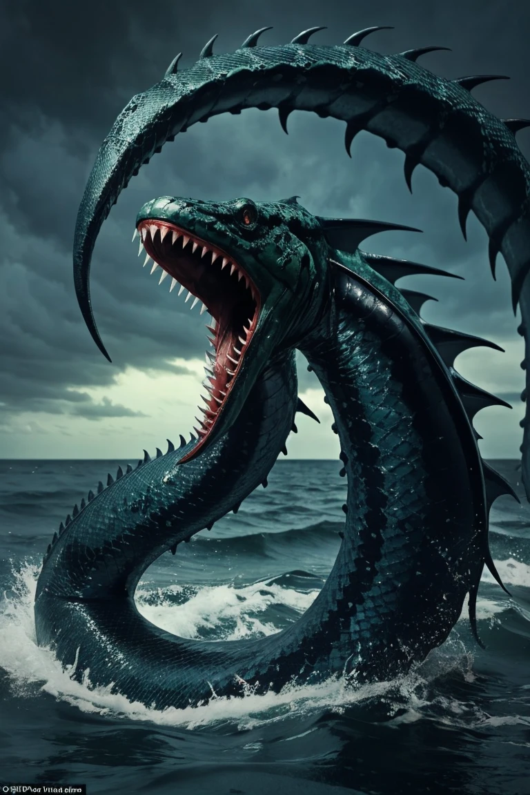 scary sea fur emerging from the gloom long neck snake-like body, green pique skin huge teeth huge fins, huge claws terrifying otherworldly