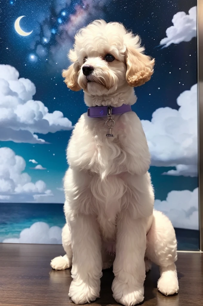 toy poodle、Deformation、White dog、fluffy、The whole body is like a cloud、Beautiful night sky