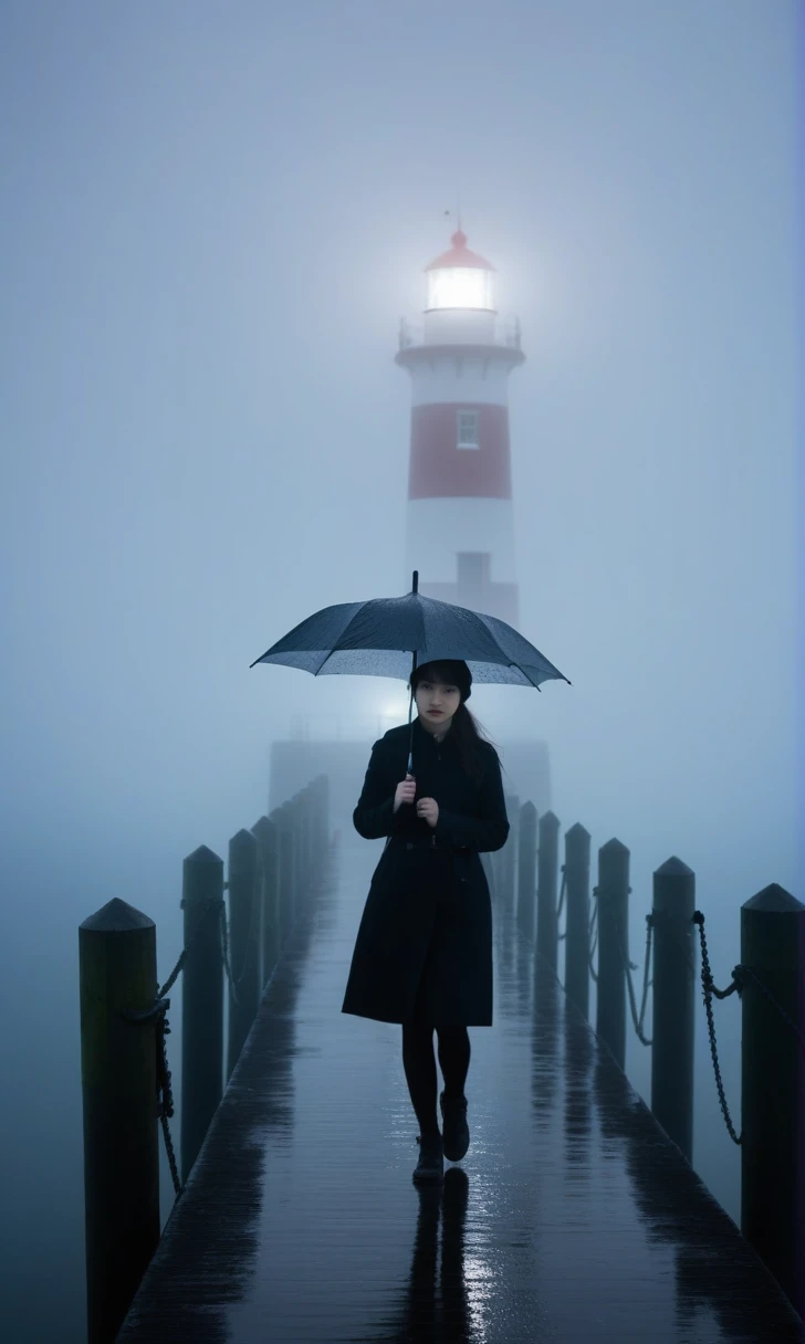 girl,cool,rain,blur,Fog,middle,cool,boring,,pier,only,lighthouse,Coast,
The dim light shines in the Fog,and the figure stands in the Fog holding an umbrella,