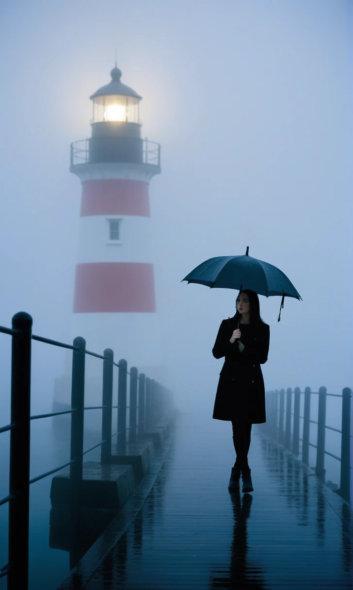 girl,cool,rain,blur,Fog,middle,cool,boring,,pier,only,lighthouse,Coast,
The dim light shines in the Fog,and the figure stands in the Fog holding an umbrella,