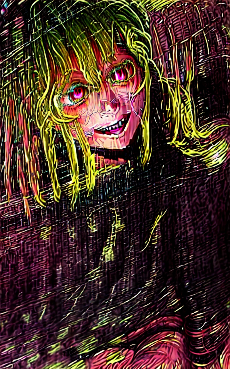 original character , 1girl, (crazy smile:1.2) ,  blonde hair , bangs , crazy eyes , hands on face , yellow blood splatter on face , yellow and black color scheme, open mouth, (wide-eyed:1.2), glowing eyes, left star shaped eye, star shaped eye,  pink eyes, pink eyes
