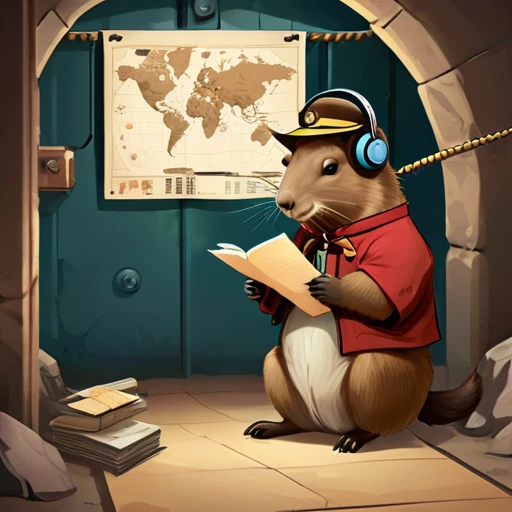40s,The underground used a telegraph machine to send messages in a dark tunnel,Female spy cute capybara wearing headphones,underground combat headquarters,Old map hanging on the wall,