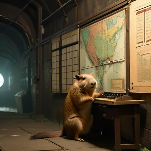 40s，The underground  used a telegraph machine to send messages in a dark tunnel，Female spy cute capybara wearing headphones，underground combat headquarters，Old map hanging on the wall，