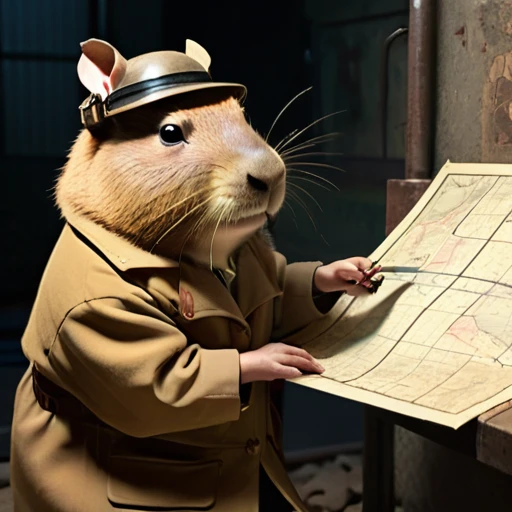 40s，The underground  used a telegraph machine to send messages in a dark tunnel，Female spy cute capybara wearing headphones，underground combat headquarters，Old map hanging on the wall，