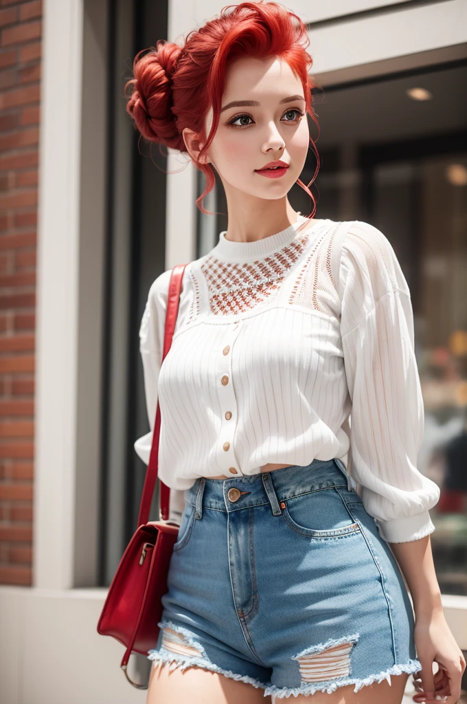A playfully dressed woman with a white knitted blouse and denim shorts with red updo hair