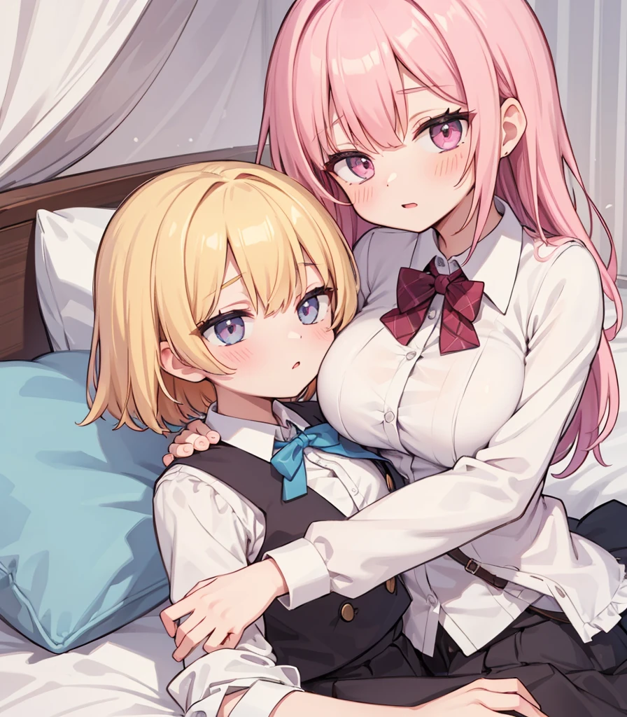 masterpiece, Highest quality, so beautiful, absurdists,High resolution,One girl, One boy,Cuddling in bed, like,sexly,Look at each one, blush,Age difference,bow tie,blondes,chest,Long Hair,Pink Hair,Tucked in shirt,short hair,skirt,Tent shirt,Slut,Big breasted sister and brother,Siblings, trousers,Pushing her big tits against her brother,(My brother&#39;s erect penis),((((姉のvery huge breasts,Sister crushes her big tits in her brother&#39;s face)))),(((((Very huge breasts))))),(((((penis,NSFW,Soft Very HUGE breasts))))),((Bursting Breasts,Huge breasts hiding her brother&#39;s face)),((((((((Huge Breasts, Large Breasts, Very Large Breasts, Very Large Breasts, Very Large Breasts, Very Large Breasts, Very Large Breasts, Very Large Breasts, Very Large Breasts, Very Large Breasts, Very Large Breasts, Very Large Breasts, Burying Face in Breasts)))))))),Two people gazing at each other,puffy breasts,((Face crushed by tits, huge breasts on brother's body, mouth covered by tits, breasts covering face)),((huge breasts)),((soft massive breasts)),crotch grab