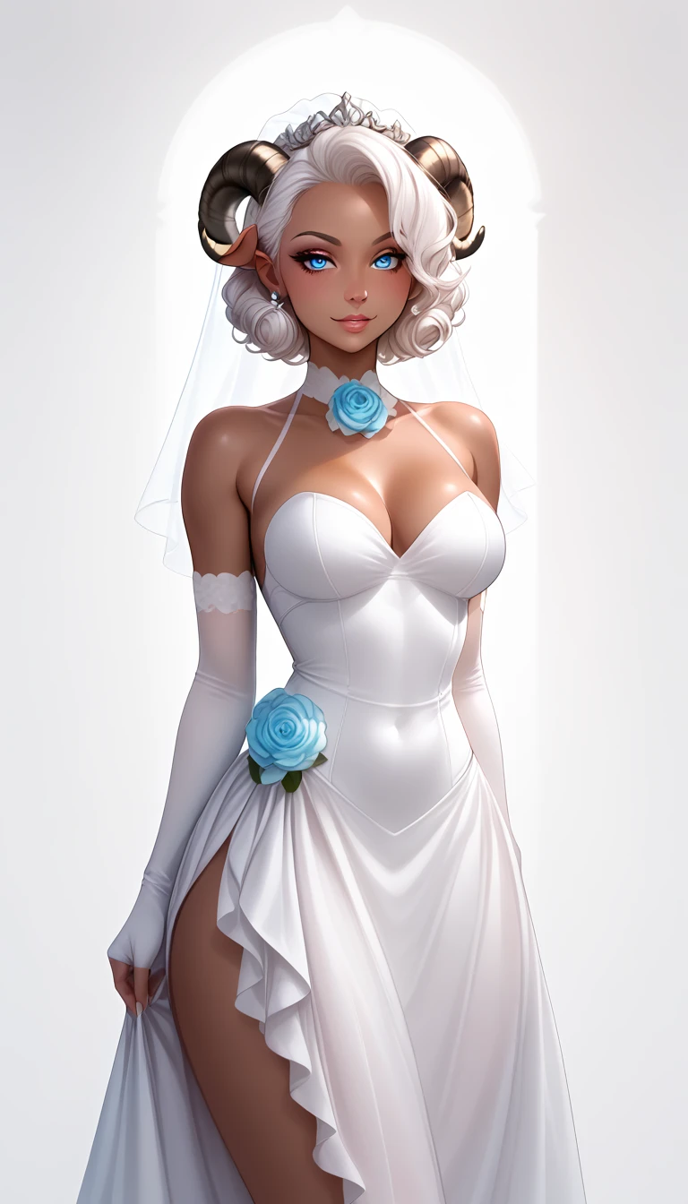 score_9, score_8_up, score_7_up, 1girl, solo,
curly hair, glowing blue eyes, curved ram horns, sheep ears, sheep tail, ((sheep fur:1.5)), tanned skin, demoness, (sheep:1.2),
monochromatic, eerie atmosphere,
(wedding dress), seductive, stark white background