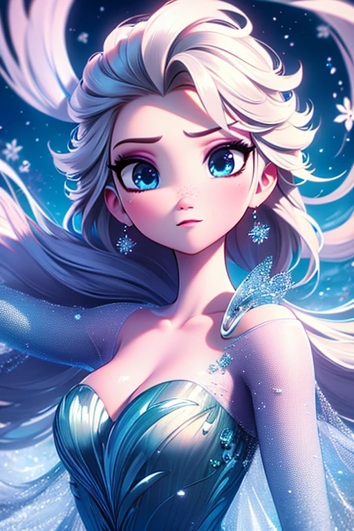Elsa, frozen, cabelos compridos, cabelos brancos, olhos azuis, olhos azuis claros, vestido azul, cenário de neve, sem dedos extras, arte de corpo interio, UHD, retina, masterpiece, accurate, anatomically correct, textured skin, super detail, high details, high quality, award winning, best quality, 1080P