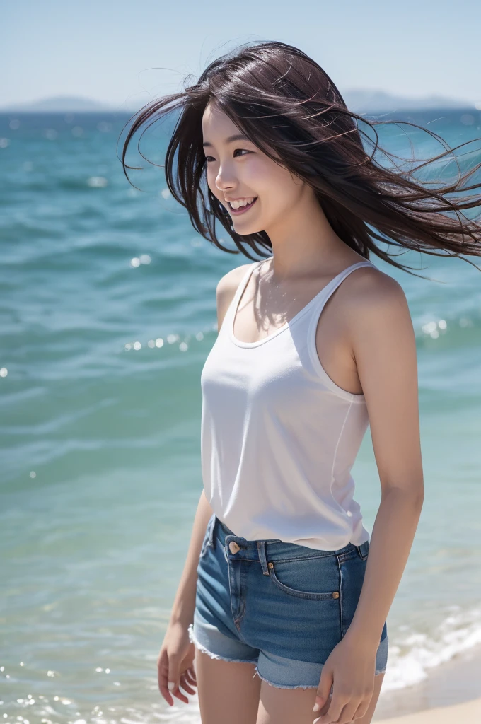 (8k, RAW photo, best quality, masterpiece:1.2), (realistic, photo-realistic:1.4), (extremely detailed 8k wallpaper), Japanese 20 age woman, She is wearing a white tank top and jean shorts,The background is the sea,her hair is blowing in the wind,she is smiling,bob hair,she goes into the sea and is wet