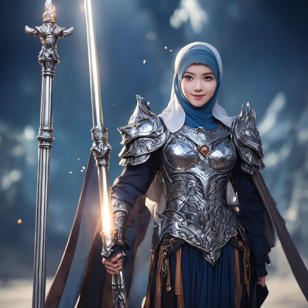(Official art、Best Quality、Unity 8k Wallpapers、32K、masterpiece、ultra-detailliert、超A high resolution、realisitic、Photorealsitic:1.2)、(Cinematic lighting:1.2)、Fireglow effect、film grains、Best Shadows、Rim lighting、side lights、sideshot、(Ultra-detailed and complex 3D rendering)、Detailed beautiful face and eyes、Sharp pupils、Realistic pupils、A slender、1 Woman、super huge bust、(half body:1.2)、 beauitful face、16-year-old beautiful girl、(super detailed skin、detailed skin textures:1.3)、(silver blond、Blue-silver hair:1.3)、Paladin、Longhaire、Blunt bangs、(red Armor、Blue Boots、Blue helmet、Jeweled、Gold embroidery)、A slender、Maxi skirt、(thighs thighs thighs thighs:0.8)、(chies、in a house、Artistic stained glass、Hello Point、Mystical、Particles of light、solemnity、Sunlight is、colourfull、Fantastical:1.2)、(Fantastical:1.3)、((Carrying a silver black sword:1.3))、(Looking away、looking distantly:1.3)、Fantastical、Gentle smile、I opened my mouth a little、blushing , ((use green hijab)) , ((colossal breast)) ((pointy breast)), blue eye,