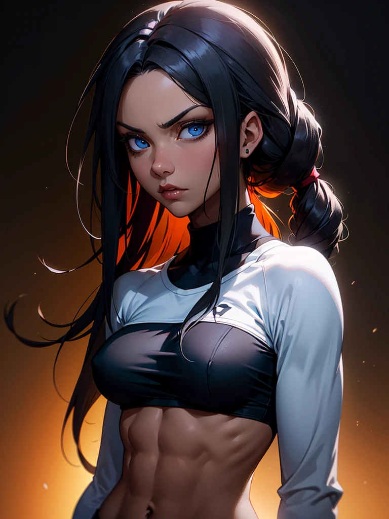 ((Portrait Photo)), She has a Nonchalant, Black-Haired Appearance, with Dark Skin, and a Strong, Muscular Build. She Expresses an Indifferent Look, Giving Off a Composed and Unfazed Attitude. She has Deep Blue Eyes, and Her Hair is Long and Black, with Dreadlocks Falling Over Her Forehead. She is Wearing an Open White Sports Sweatshirt, Cut Below the Boob, Revealing Her Midriff. ((Portrait Photo, HDR, Dark Background))