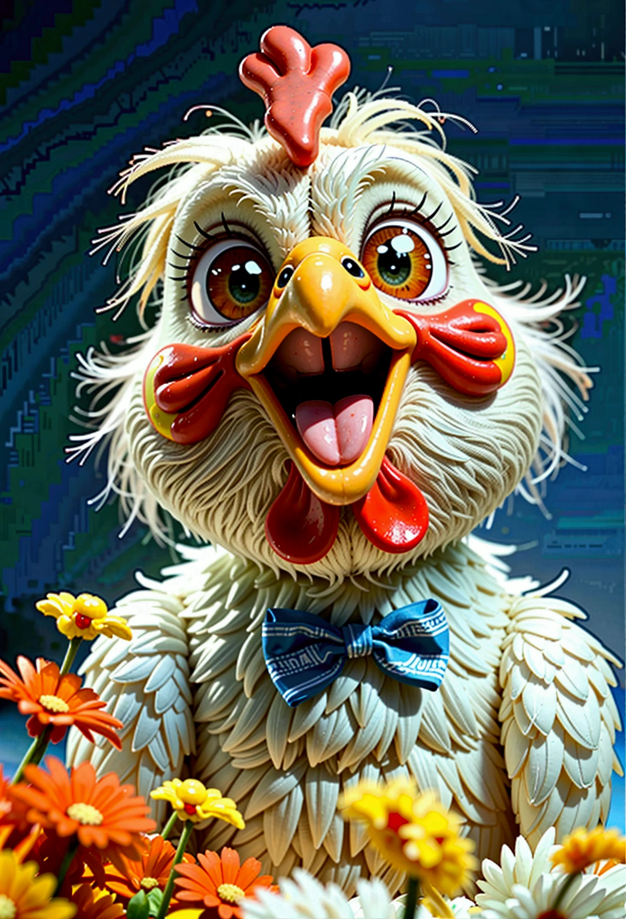 A happy chicken, wearing a Brazilian team uniform, White background, the , tom, Pixar-style, ....3d, Cartoon s, face detailed, asymmetric 16k