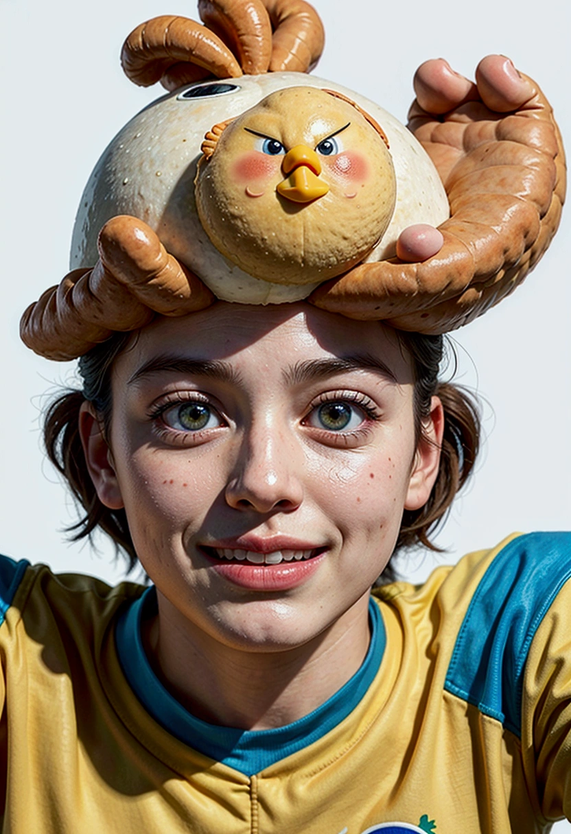 A happy chicken, wearing a Brazilian team uniform, White background, the , tom, Pixar-style, ....3d, Cartoon s, face detailed, asymmetric 16k