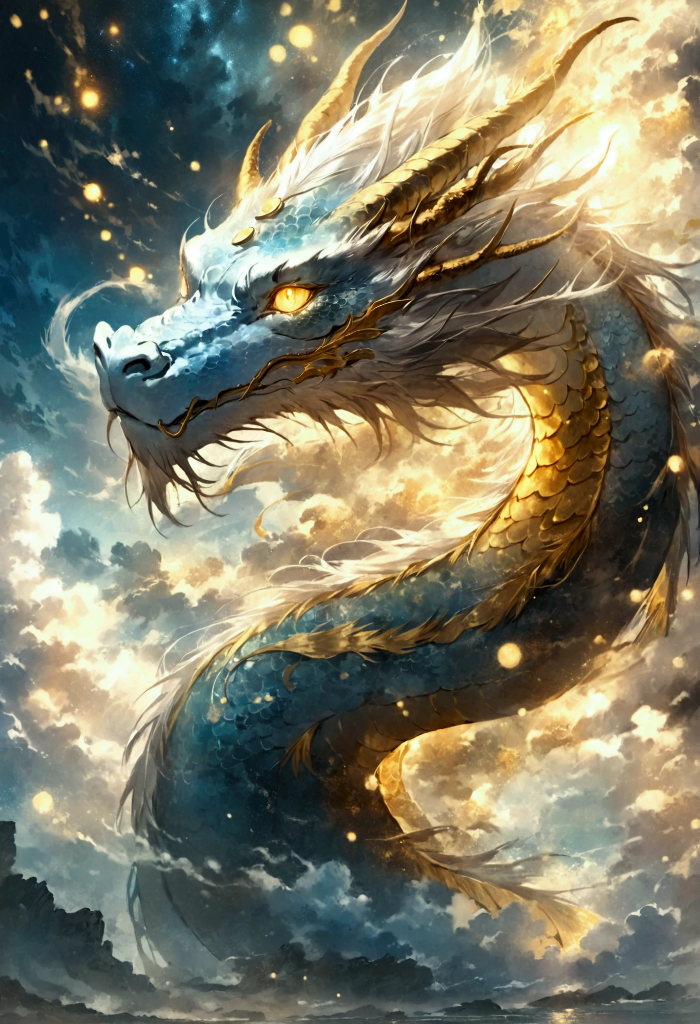 white dragon god, gentle gaze, fantastic background, moonlight background, sea of clouds background, golden splashes, mysterious, divine light, mythical creature, traditional Chinese dragon, myth, speckled light, hazy haze, mysterious aura, masterpiece, fantastic, elegant dragon, good fortune, fantasy art