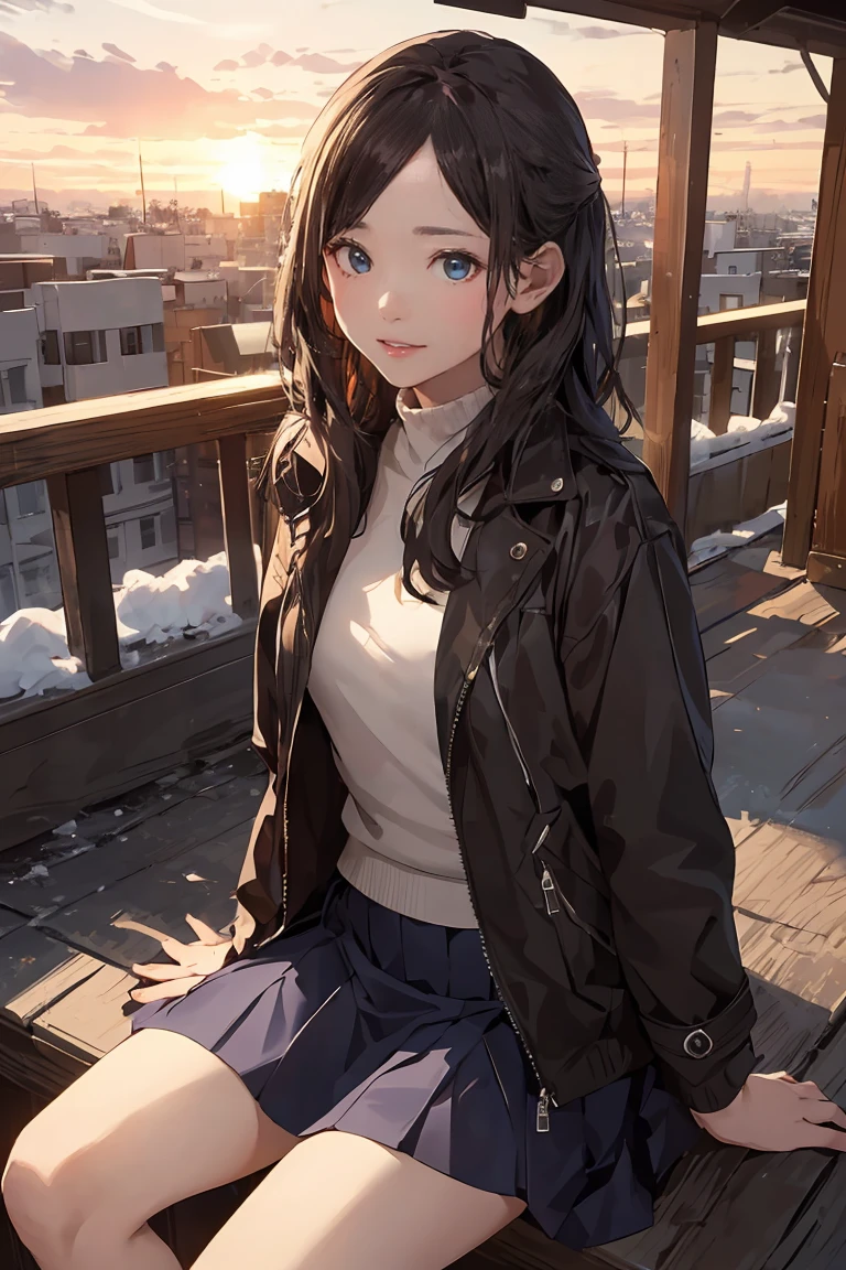 (High-resolution images, Atmospheric perspective, 8K, Very detailed, Accurate, Highest quality), woman, (Winter clothes, Jacket, skirt), avert your eyes, (Realistic eye size, Droopy eyes), Spread your legs, Squat, smile, Sweat, (Dark Downtime, sunset), boots, Downtown Area), ((Very detaileded drawing luxury panties)), (((her long-skirt lining between her legs))), Long Hair, Small breasts、Browsing Caution