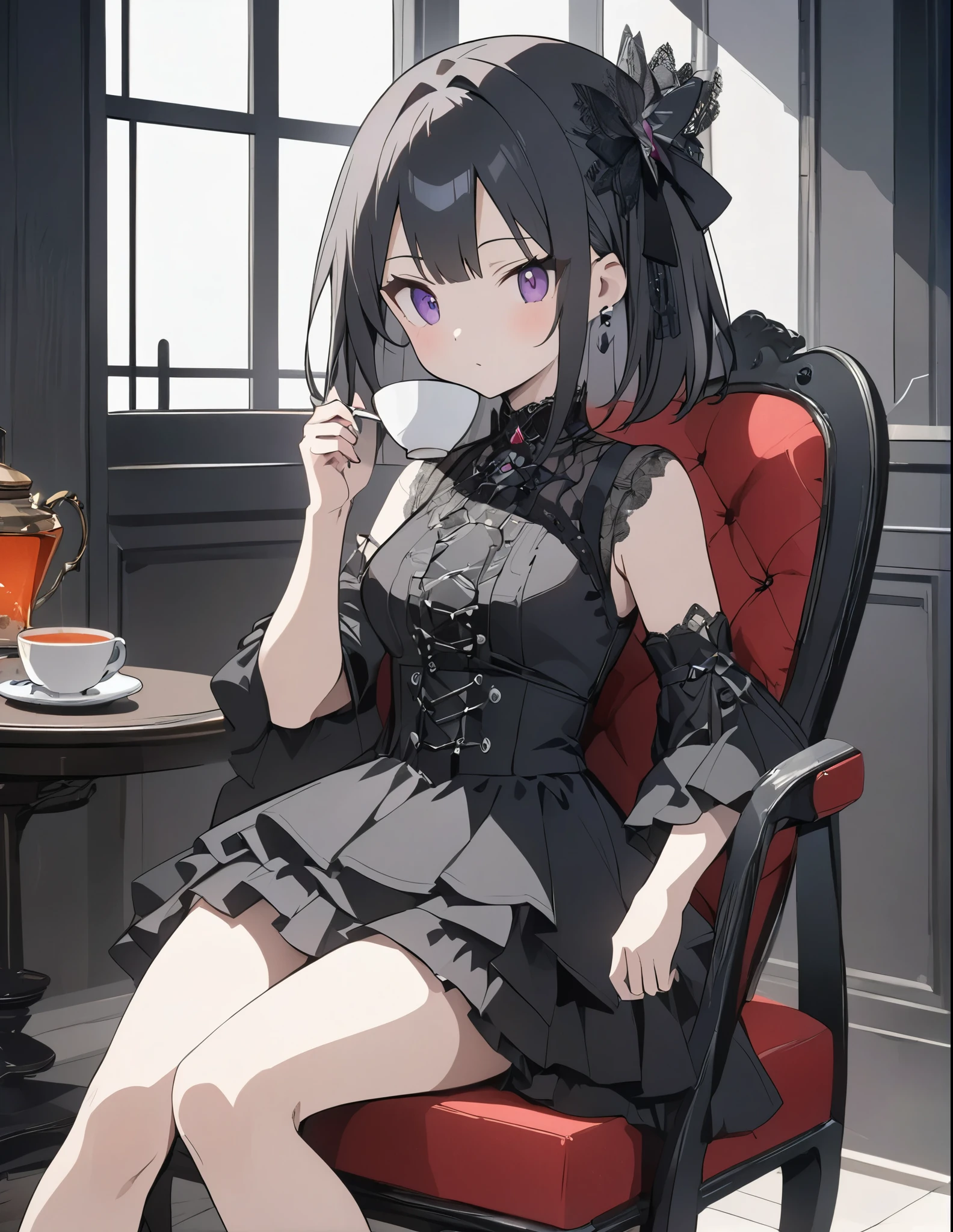 (anime style:1.4),超High resolution, Attention to detail, high quality, High resolution, 最high quality, 4K, 8K、Gothic dresses、Gothic room、Sitting in a chair drinking tea、Lady