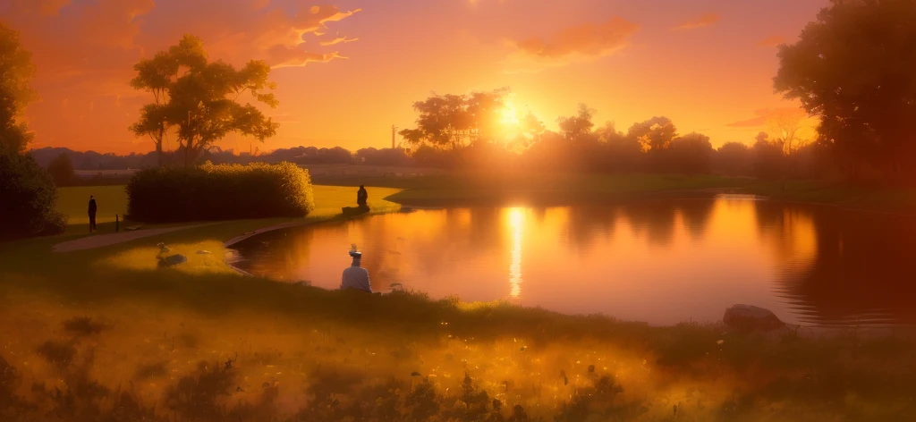 A man in his fifties stands in the grass by a pond at dusk, Beautiful images, the sun is shining wide shot, 4 0 9 6, Golden hour scene, Beautiful Late Afternoon, Golden Sunlight, shining golden hour, Shooting during golden hour, Beautiful sunny day, Golden hour in the morning, parks and lakes, Golden Sun, Golden Hour Lighting, Lake setting
