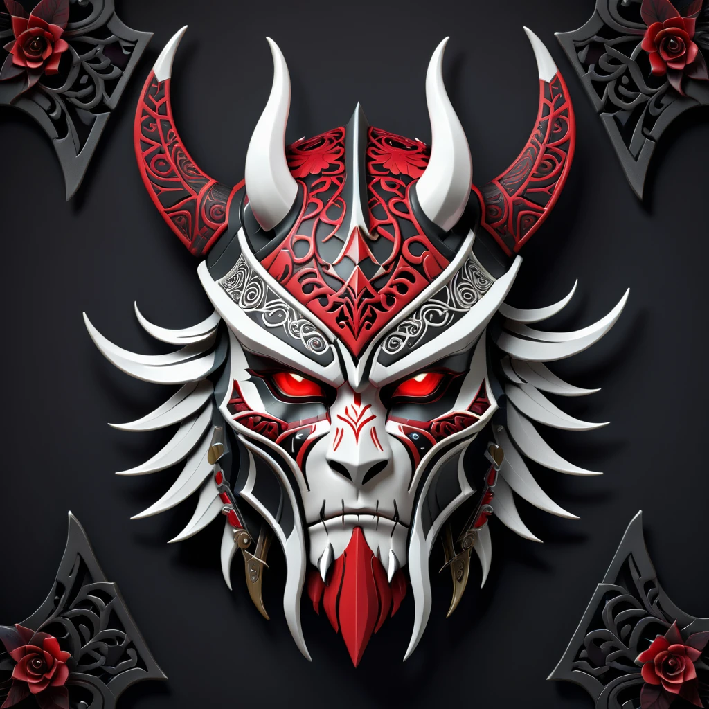 The image shows the face of a stylized beast in red, black and white. The beast displays a menacing look with crossed swords entering its mouth and piercing its head. Above the creature's head is a decorative helmet, and the bottom of the image is adorned with red floral details. The combination of colors and elements gives an aggressive and imposing tone to the design.
