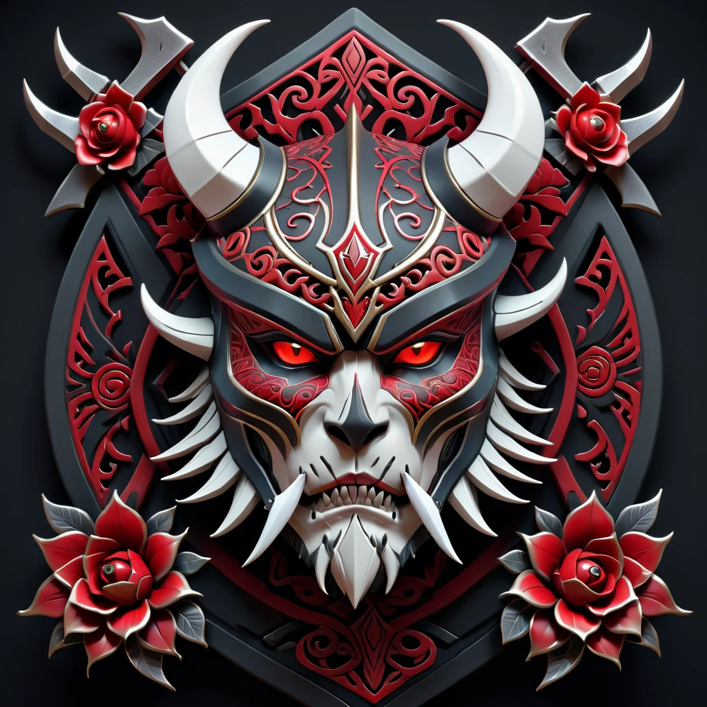 The image shows the face of a stylized beast in red, black and white. The beast displays a menacing look with crossed swords entering its mouth and piercing its head. Above the creature's head is a decorative helmet, and the bottom of the image is adorned with red floral details. The combination of colors and elements gives an aggressive and imposing tone to the design.