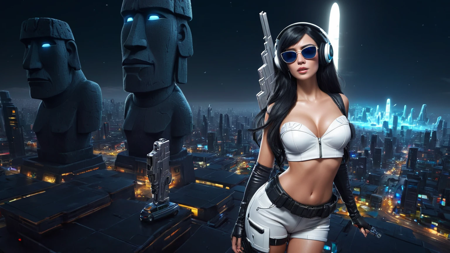 At night, dark sky, distant shot aerial view of fantasy cyberpunk style ice ((Moai-statue)) city, ((flying car)). ((1girl, solo, alone)), medium-breast:1.1 slim body, cleavage, sexy clothes, (headphone, black sunglasses, long black realistic hair), (((hip-up standing and holding pistol))), (((((half-body thigh level medium shot))))), cinematic lighting, lens flare, ray tracing.