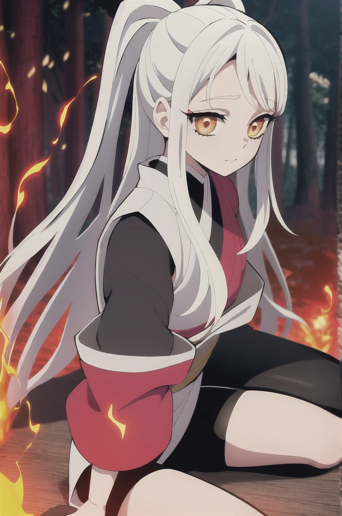 estilo kimetsu no yaiba, 1 girl, only, Eyes red , cabelo preto brilhante, extra very long hair, ((work of art)), ((portraits of a)), The forest is on fire, Lessolo blazes, the night, ((work of art)), (((high qualiy))), Japanese clothing, white kimono with gold , sleeveless, detached sleeves, bike shorts