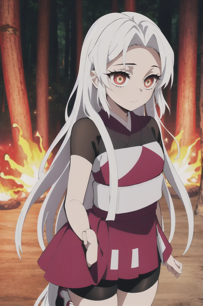 estilo kimetsu no yaiba, 1 girl, only, Eyes red , cabelo preto brilhante, extra very long hair,   ((work of art)), ((portraits of a)), The forest is on fire, Lessolo blazes, the night,  ((work of art)), (((high qualiy))), Japanese clothing, white kimono with gold , sleeveless, detached sleeves, bike shorts