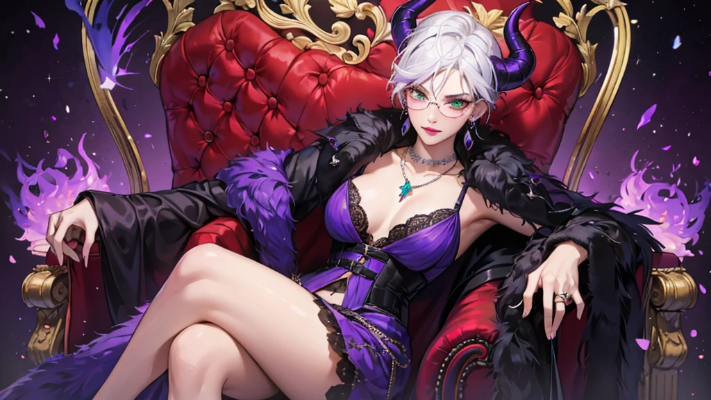 8k, masterpiece, best quality, highly detailed, 1 girl, tiefling, warlock, multicolored hair, very short straight hair green highlight hair on white hair, strippled hair, wearing glasses, round glasses, earrings, red eyeshadow, long eyelashes, navel piercing, blushed cheek, red lips, necklace, rings, collarbone, mole, glamorous, purple and teal clothing, villainy, smirk, seductive face, close up view, rings, looking at viewer, demon horns, solo, royal dress, black lace gloves, fur coat, palace, blue pale moon, sitting on throne, crowned.