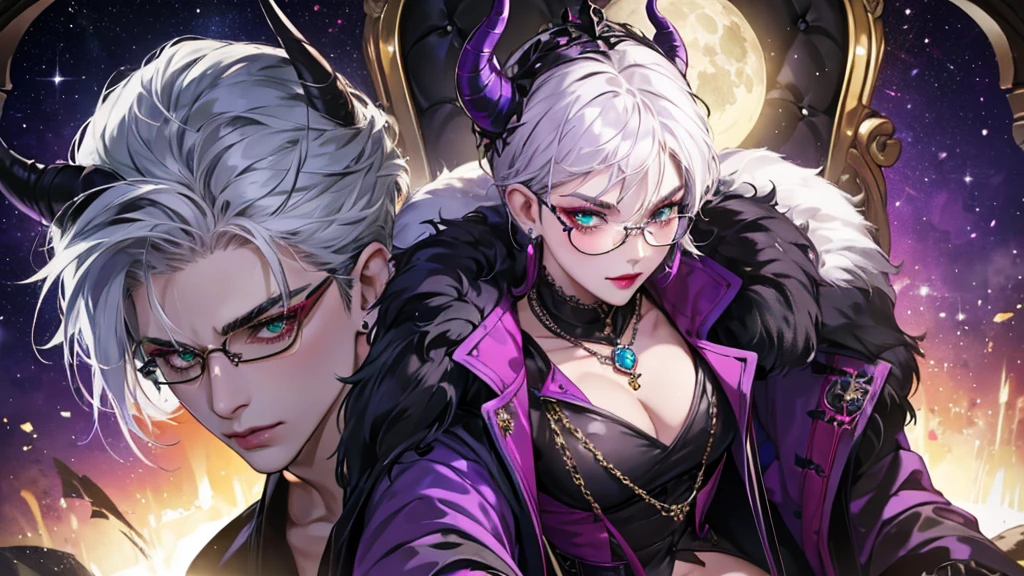 8k, masterpiece, best quality, highly detailed, 1 girl, tiefling, warlock, multicolored hair, very short straight hair green highlight hair on white hair, strippled hair, wearing glasses, round glasses, earrings, red eyeshadow, long eyelashes, navel piercing, blushed cheek, red lips, necklace, rings, collarbone, mole, glamorous, purple and teal clothing, villainy, smirk, seductive face, close up view, rings, looking at viewer, demon horns, solo, royal dress, black lace gloves, fur coat, palace, blue pale moon, sitting on throne, crowned.
