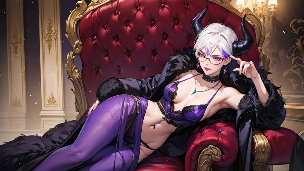 8k, masterpiece, best quality, highly detailed, 1 girl, tiefling, warlock, multicolored hair, very short straight hair green highlight hair on white hair, strippled hair, wearing glasses, round glasses, earrings, red eyeshadow, long eyelashes, navel piercing, blushed cheek, red lips, necklace, rings, collarbone, mole, glamorous, purple and teal clothing, villainy, smirk, seductive face, close up view, rings, looking at viewer, demon horns, solo, royal dress, black lace gloves, fur coat, palace, blue pale moon, sitting on throne, crowned.