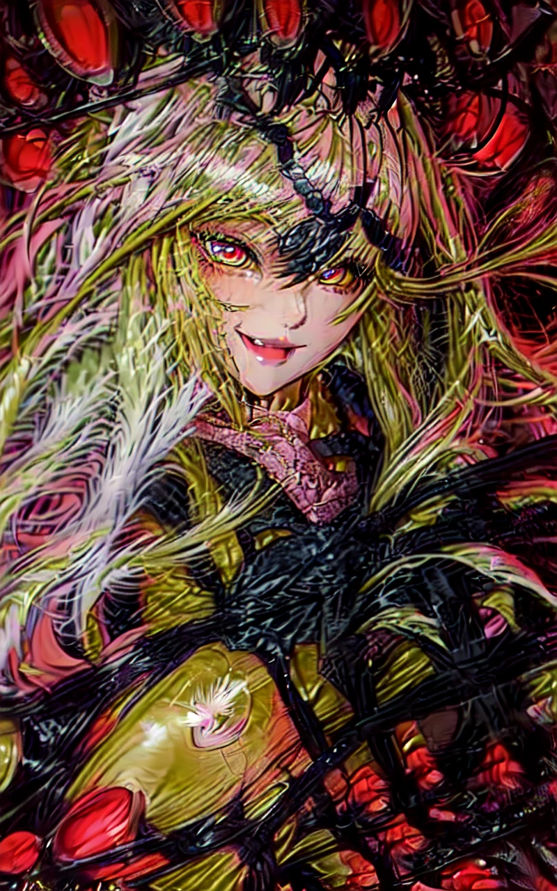 original character , 1girl, (crazy smile:1.2) , blonde hair , bangs , crazy eyes , hands on face , yellow blood splatter on face , yellow and black color scheme, open mouth, (wide-eyed:1.2), glowing eyes, left star shaped eye, star shaped eye, pink eyes, pink eyes