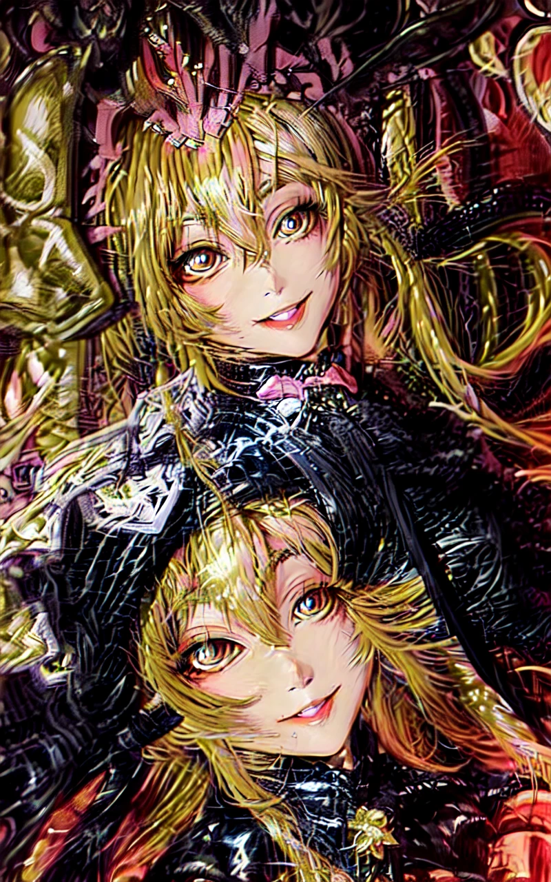 original character , 1girl, (crazy smile:1.2) , blonde hair , bangs , crazy eyes , hands on face , yellow blood splatter on face , yellow and black color scheme, open mouth, (wide-eyed:1.2), glowing eyes, left star shaped eye, star shaped eye, pink eyes, pink eyes