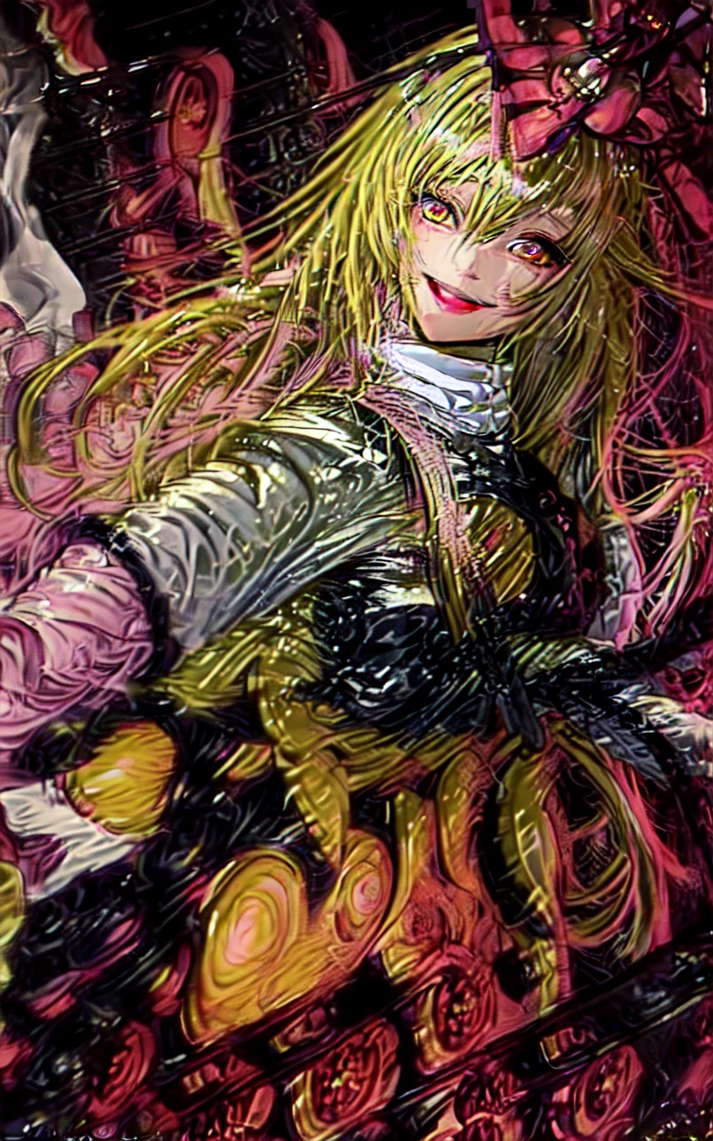 original character , 1girl, (crazy smile:1.2) , blonde hair , bangs , crazy eyes , hands on face , yellow blood splatter on face , yellow and black color scheme, open mouth, (wide-eyed:1.2), glowing eyes, left star shaped eye, star shaped eye, pink eyes, pink eyes